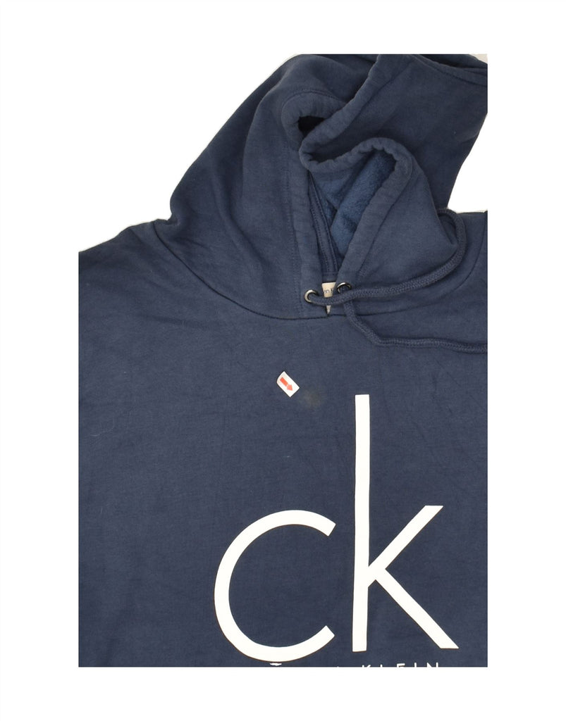 CALVIN KLEIN Womens Graphic Hoodie Jumper UK 14 Medium Navy Blue Cotton | Vintage Calvin Klein | Thrift | Second-Hand Calvin Klein | Used Clothing | Messina Hembry 