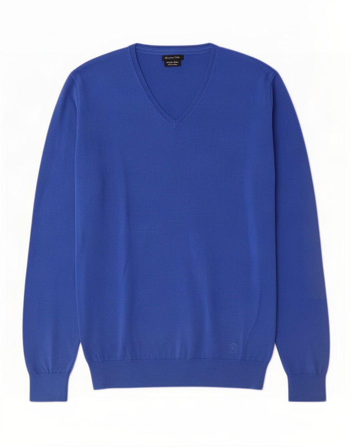 Massimo Dutti Mens V-Neck Jumper Sweater Large Blue Cotton