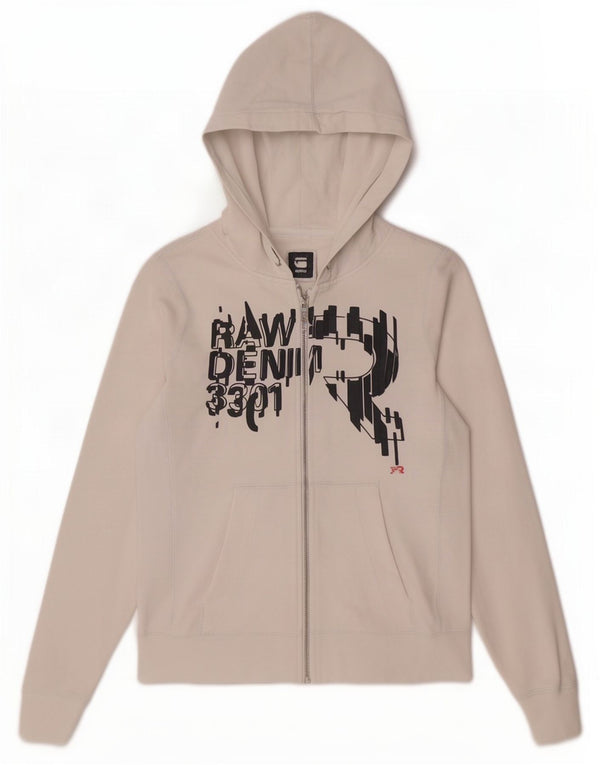 G-Star Womens Graphic Zip Hoodie Sweater UK 10 Small White Cotton