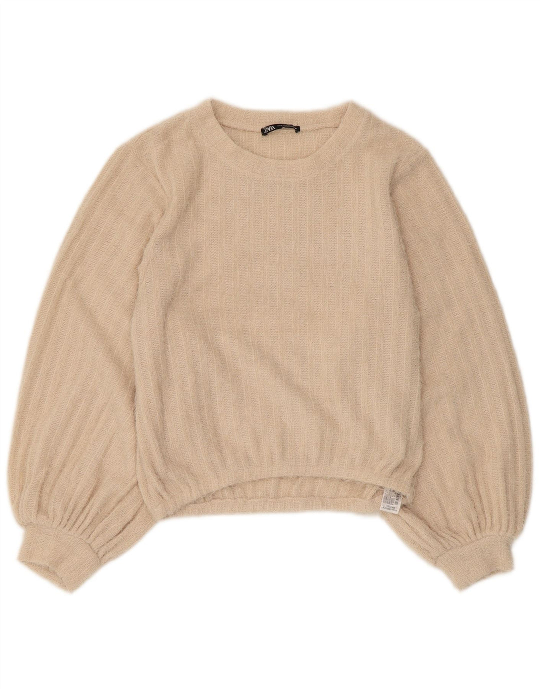 Zara Womens Crew Neck Jumper Sweater UK 10 Small Beige Striped Polyester