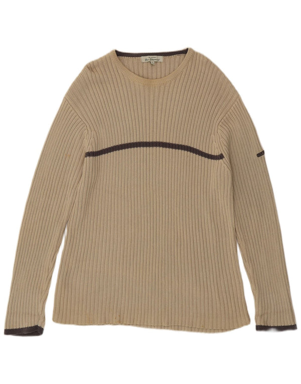 Ben Sherman Mens Crew Neck Jumper Sweater Large Beige Striped Cotton