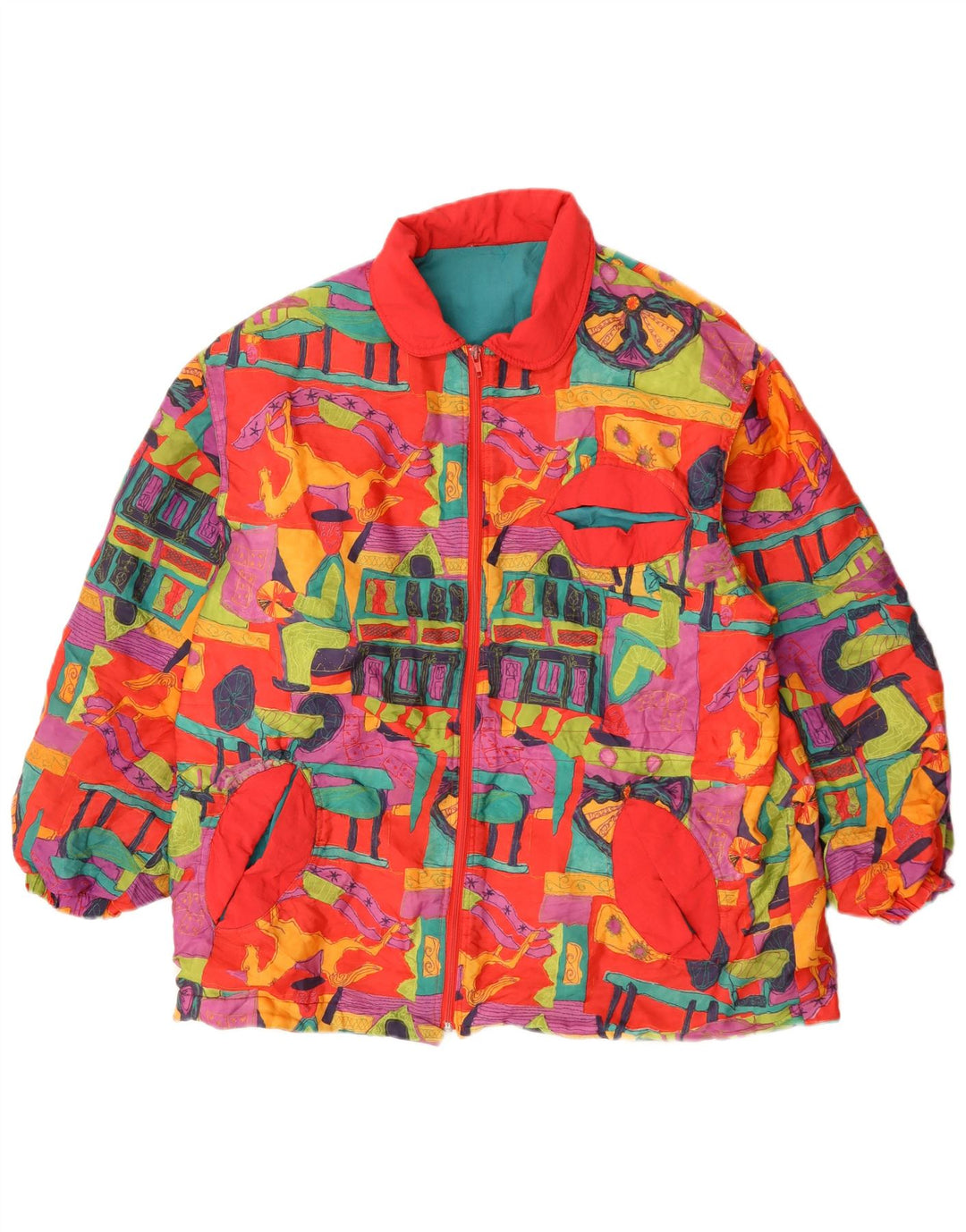 Vintage Womens Abstract Pattern Windbreaker Jacket UK 20 2XL Red