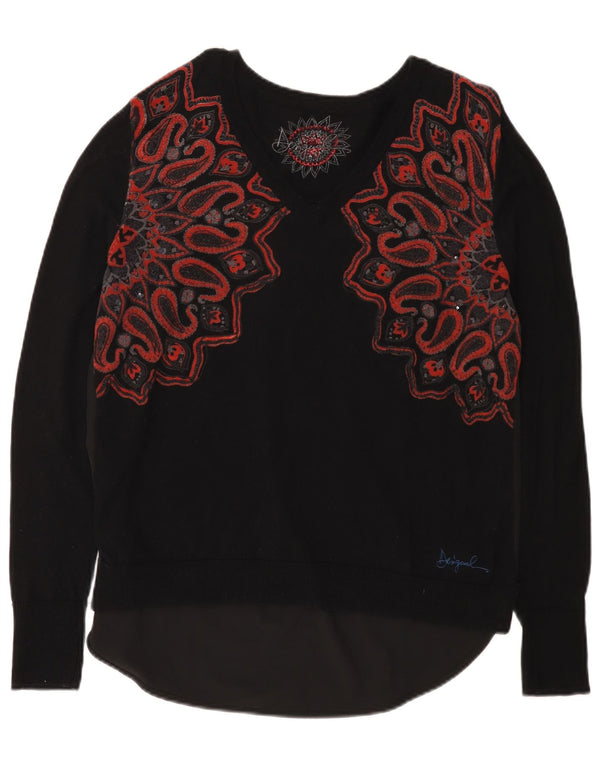 Desigual Womens V-Neck Jumper Sweater UK 20 2XL Black Paisley
