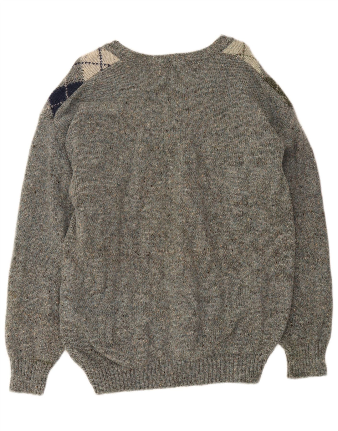 Vintage Mens V-Neck Jumper Sweater Medium Grey Argyle/Diamond Virgin Wool