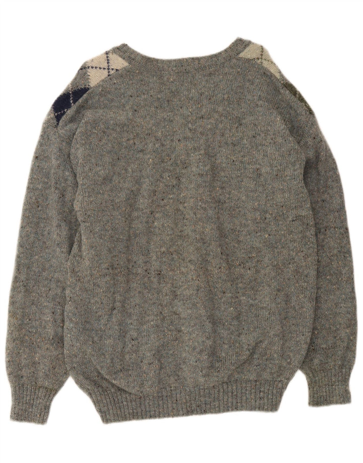Vintage Mens V-Neck Jumper Sweater Medium Grey Argyle/Diamond Virgin Wool