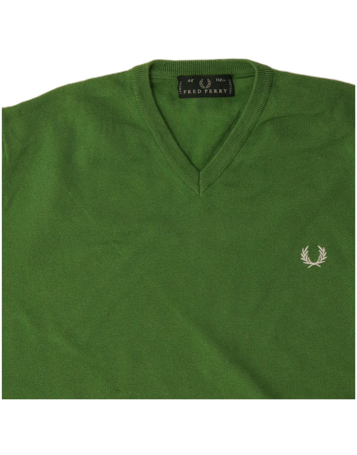 FRED PERRY Mens V-Neck Jumper Sweater Medium Green Wool