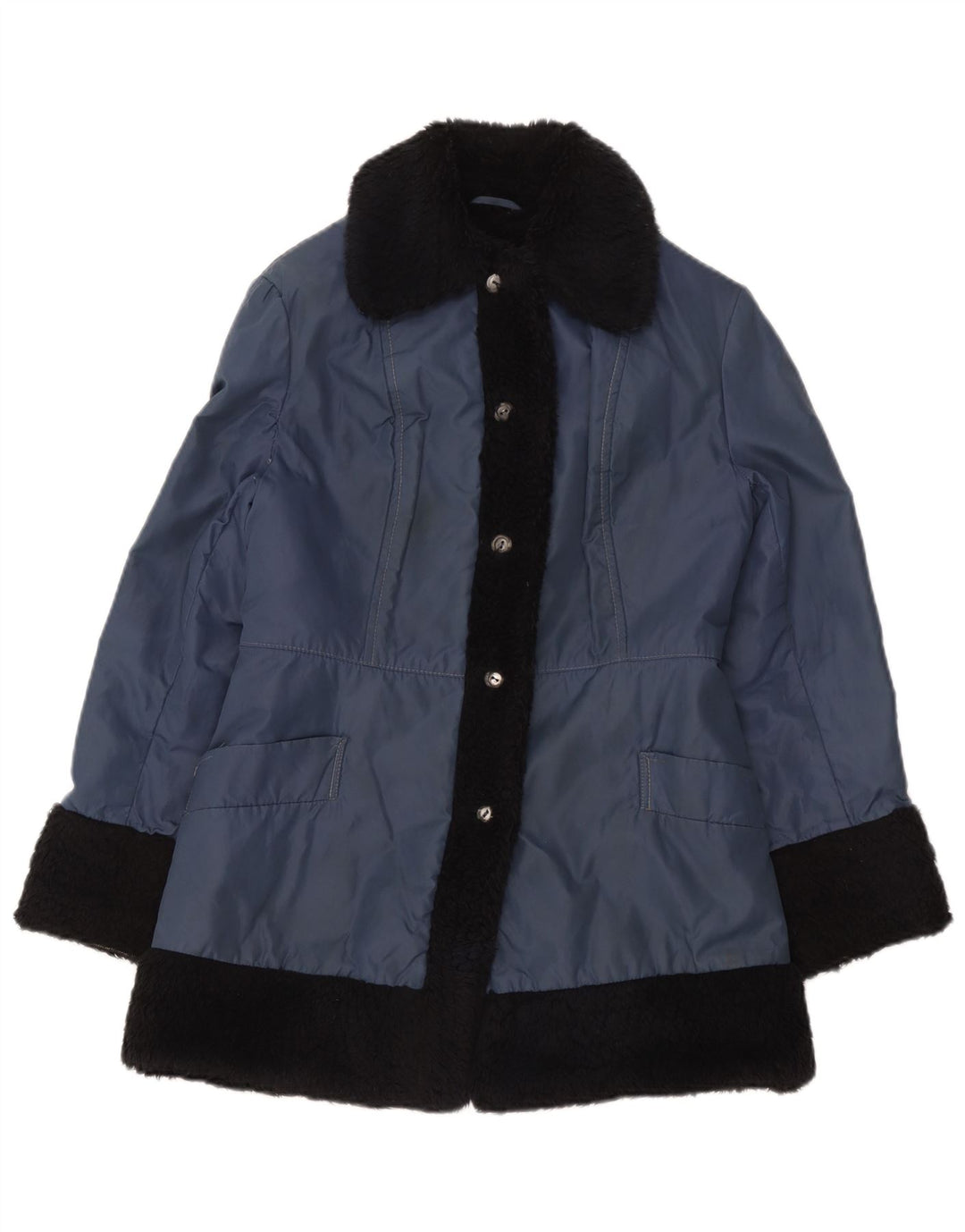 Vintage Womens Sherpa Jacket UK 12 Medium Blue Colourblock