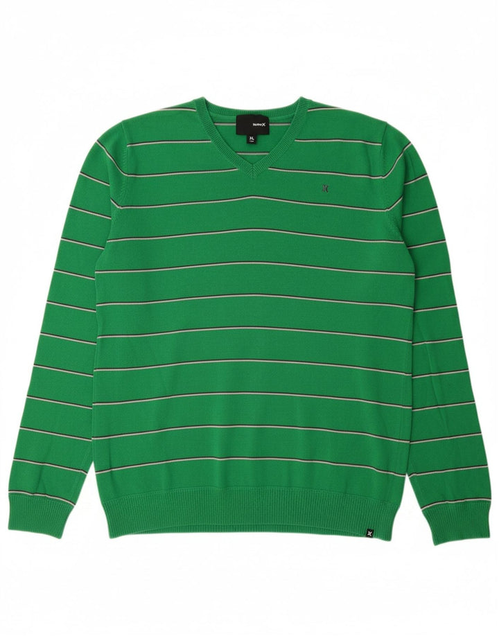 HURLEY Mens V-Neck Jumper Sweater XL Green Striped Cotton Vintage Hurley and Second-Hand Hurley from Messina Hembry 