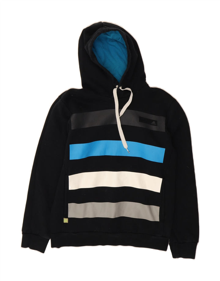 ADIDAS Mens Hoodie Jumper Medium Black Striped Cotton Vintage Adidas and Second-Hand Adidas from Messina Hembry 