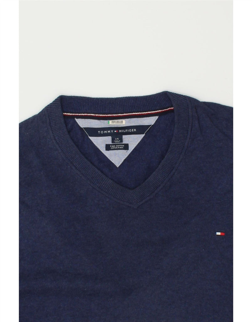 TOMMY HILFIGER Mens V-Neck Jumper Sweater Large Navy Blue Cotton | Vintage Tommy Hilfiger | Thrift | Second-Hand Tommy Hilfiger | Used Clothing | Messina Hembry 