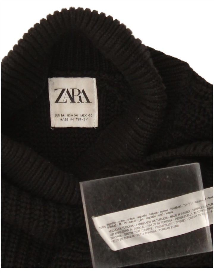 ZARA Womens Longline Roll Neck Jumper Sweater UK 14 Medium Black Cotton