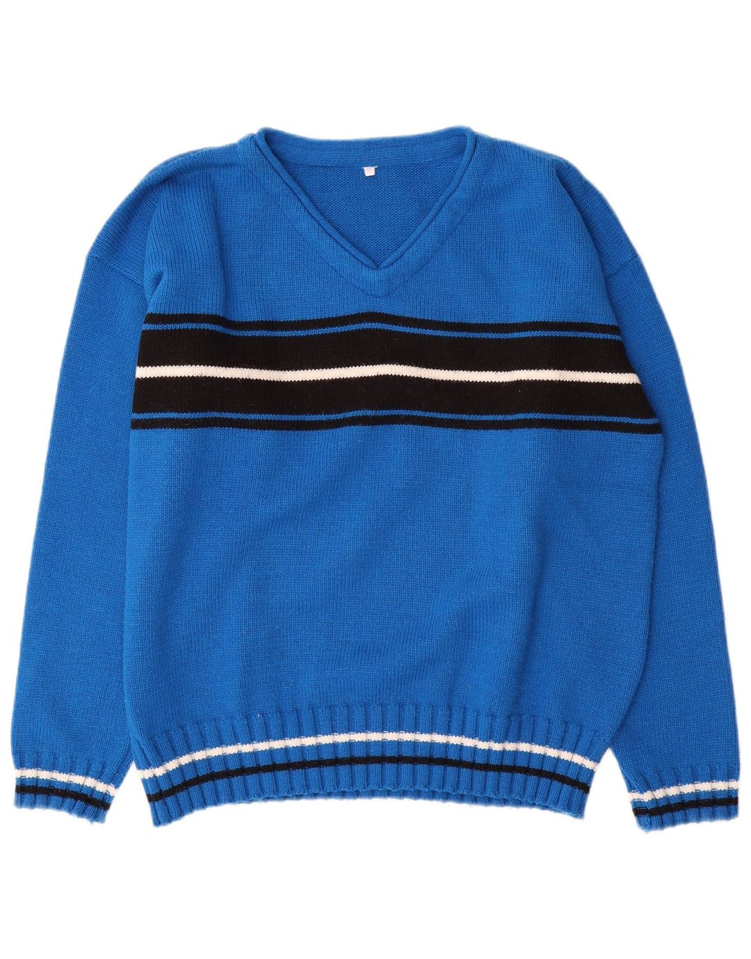 Vintage Mens V-Neck Jumper Sweater Medium Blue Colourblock