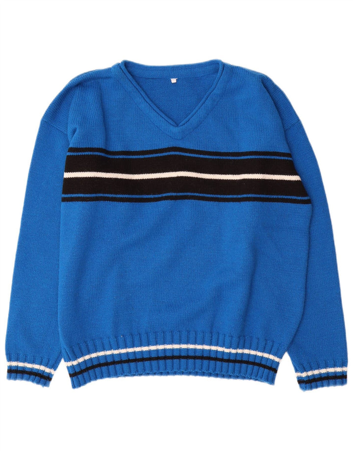 Vintage Mens V-Neck Jumper Sweater Medium Blue Colourblock