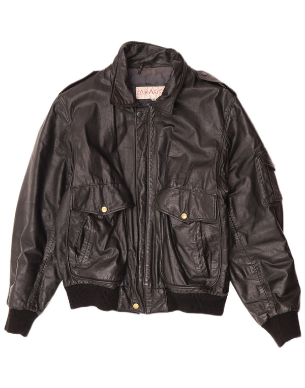 Paragon Mens Military Leather Jacket UK 40 Large Black Leather