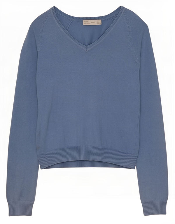 Zara Womens V-Neck Jumper Sweater UK 12 Medium Blue Cotton