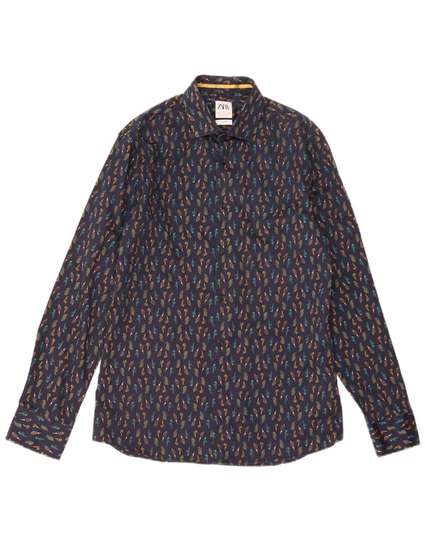 Zara Mens Abstract Pattern Slim Fit Shirt Medium Navy Blue