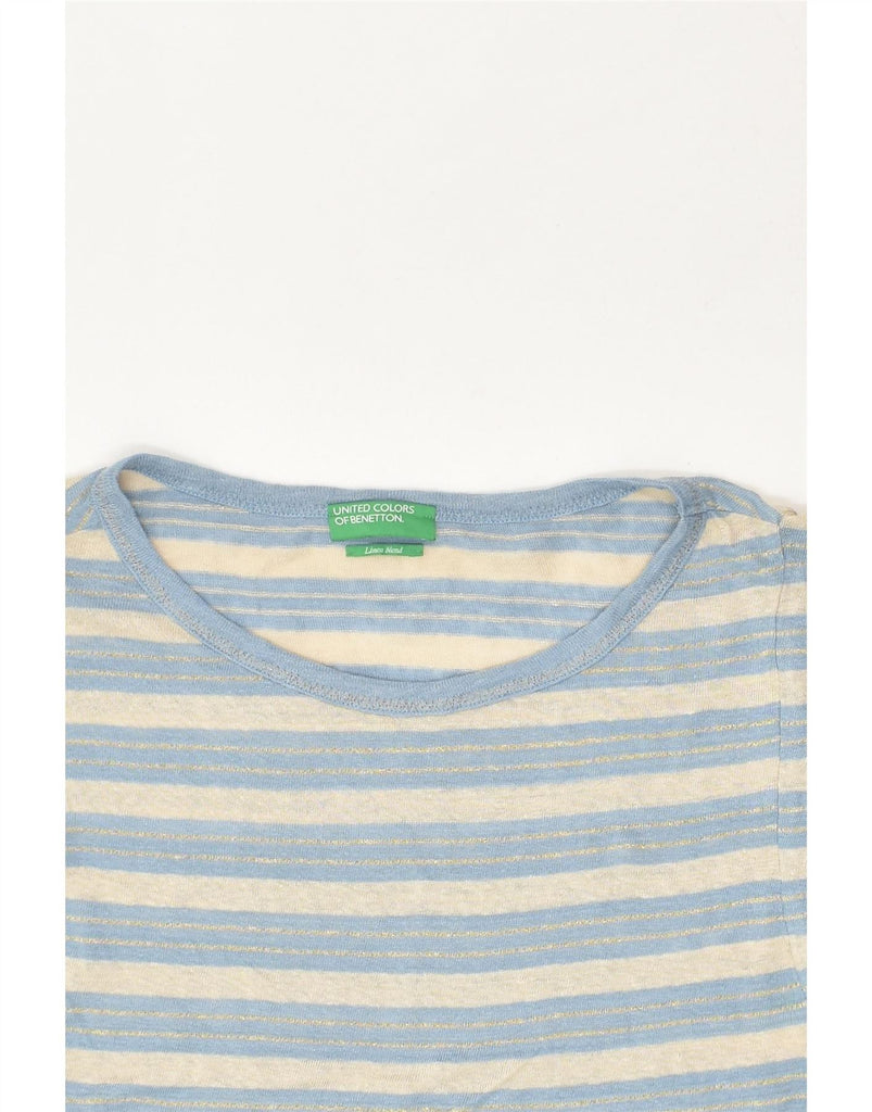 BENETTON Womens T-Shirt Top UK 14 Large Blue Striped Linen | Vintage Benetton | Thrift | Second-Hand Benetton | Used Clothing | Messina Hembry 