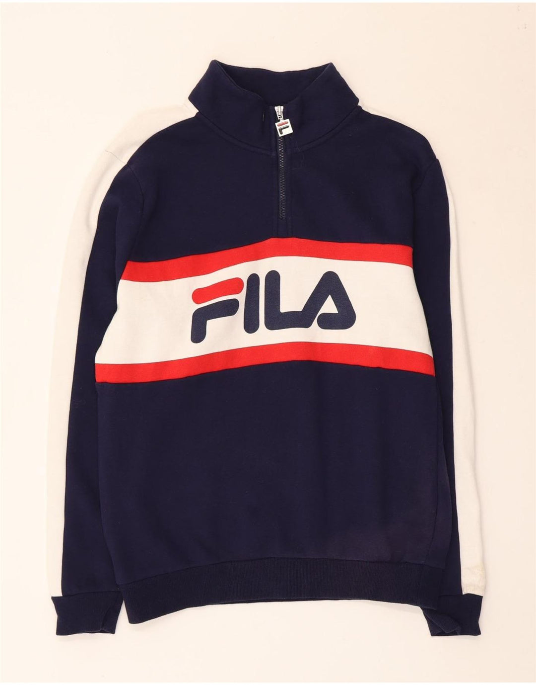 Fila Mens Graphic Zip Neck Sweatshirt Jumper Small Navy Blue Colourblock
