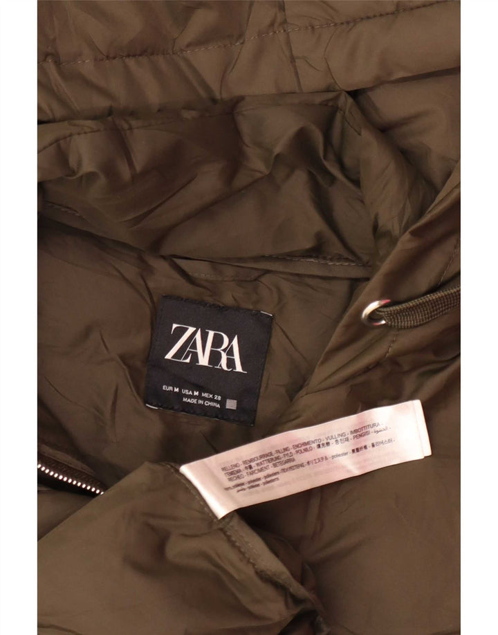 Zara Womens Longline Hooded Padded Gilet UK 14 Medium Khaki Polyester