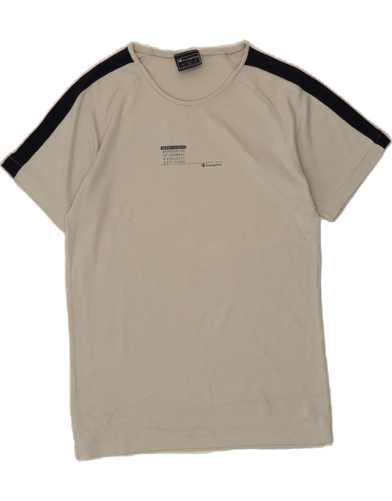 CHAMPION Womens Graphic T-Shirt Top UK 14 Large Grey Colourblock Cotton Vintage Champion and Second-Hand Champion from Messina Hembry 