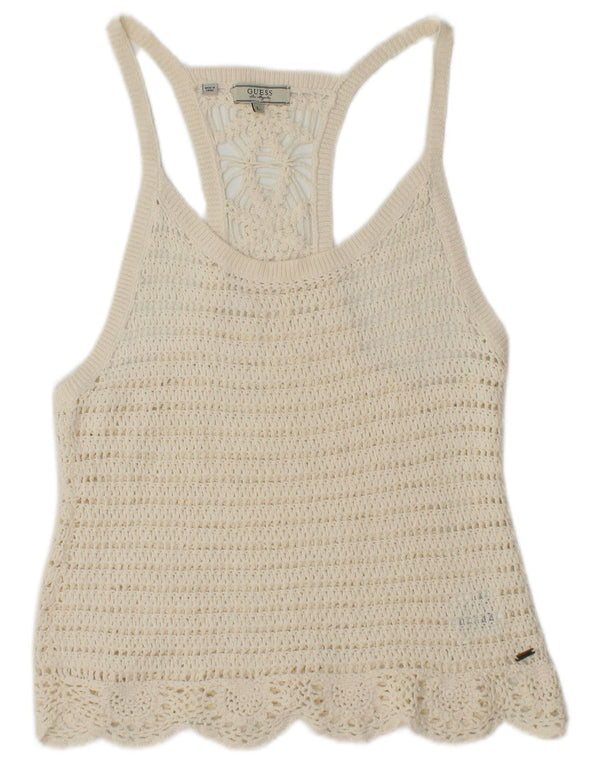 Guess Womens Crop Crochet Vest Top UK 12 Medium White Cotton