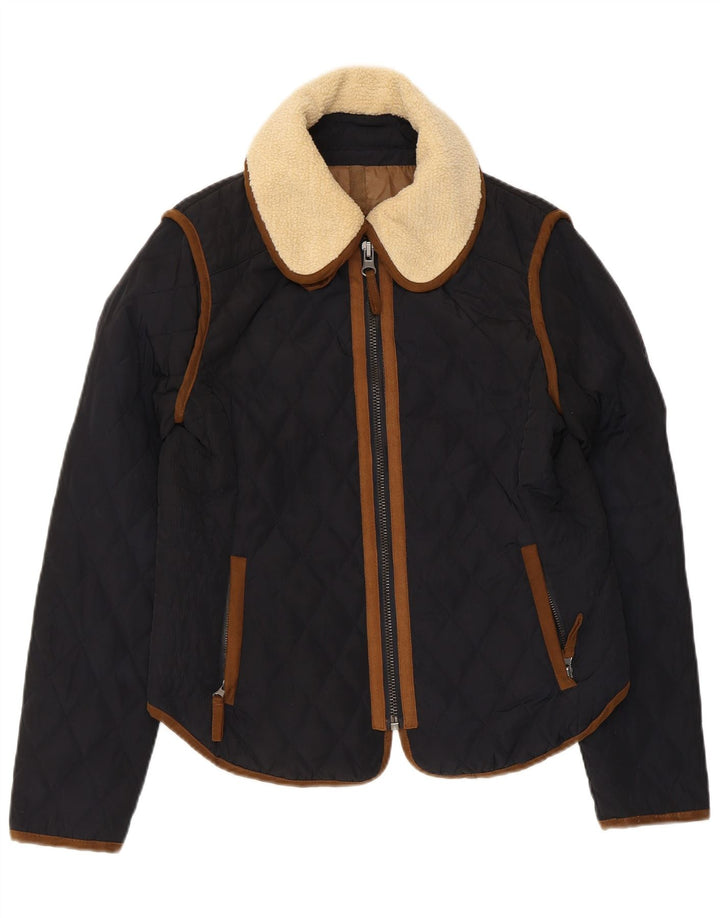 Zara Womens Quilted Jacket UK 14 Large Navy Blue Polyester