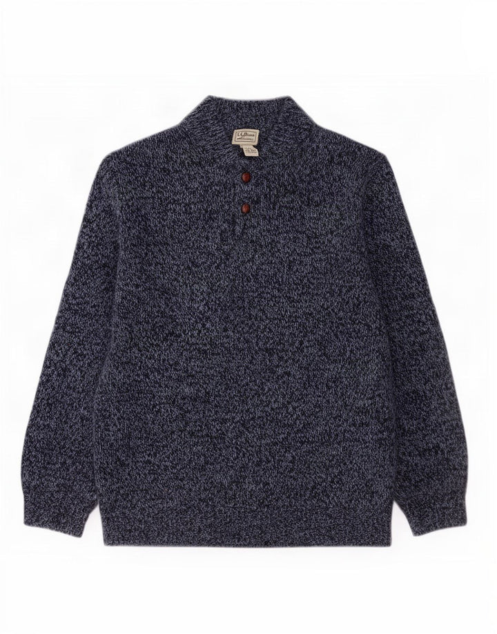 L.L.Bean Mens Button Neck Jumper Sweater XL Navy Blue Flecked Lambswool