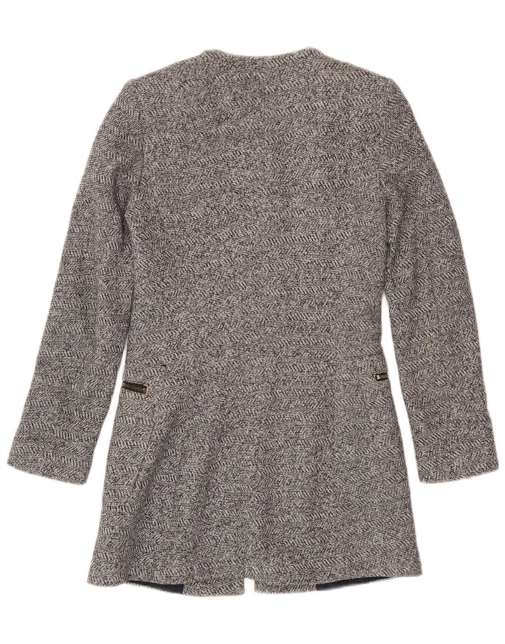 Zara Womens Longline Full Zip Blazer Jacket UK 6 XS Grey Herringbone Cotton