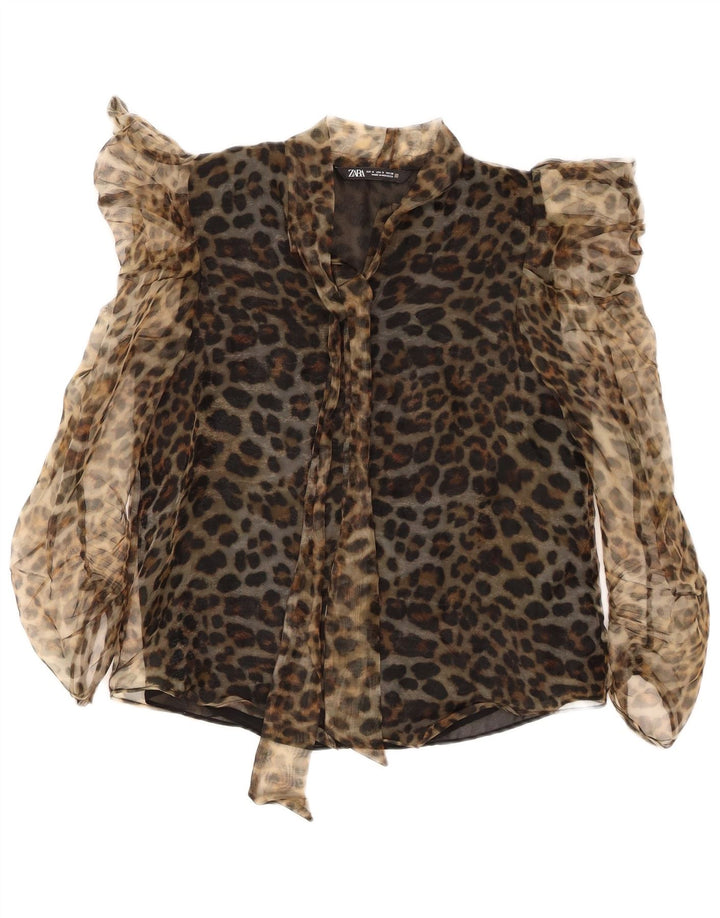 Zara Womens Blouse Top UK 10 Small Brown Animal Print
