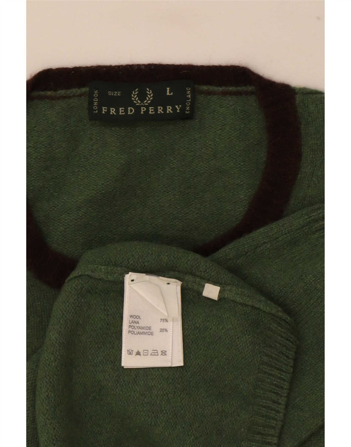 Fred Perry Mens Crew Neck Jumper Sweater Large Green Wool