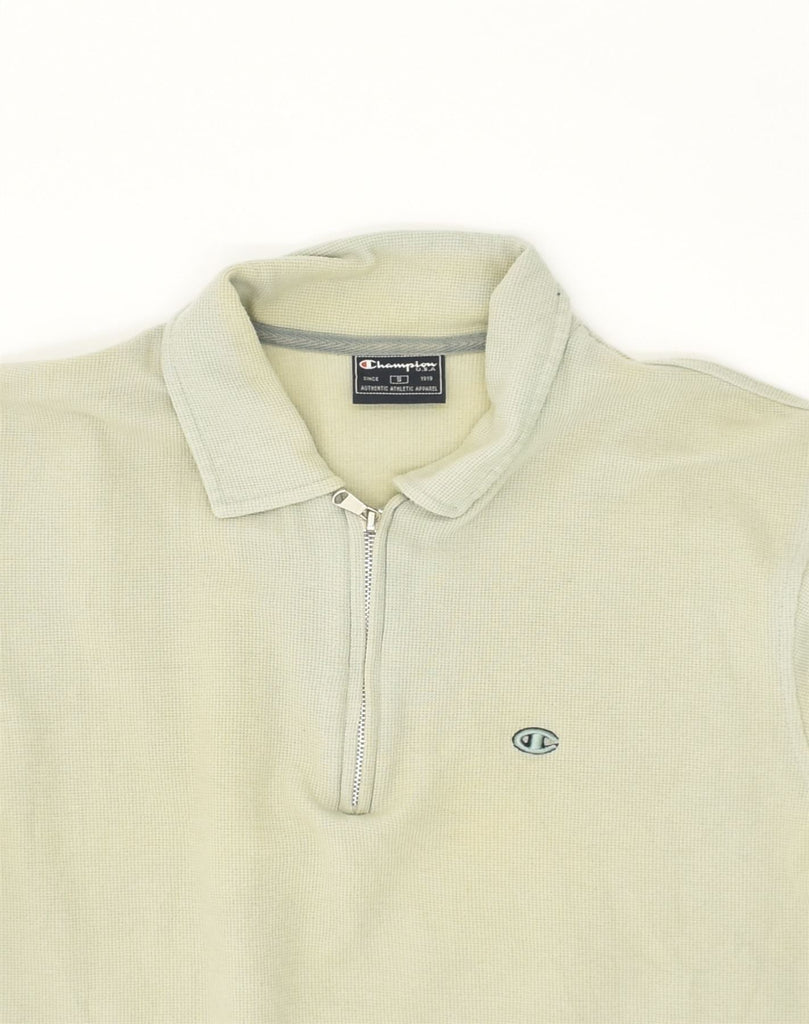 CHAMPION Mens Zip Neck Polo Shirt Small Beige Cotton | Vintage Champion | Thrift | Second-Hand Champion | Used Clothing | Messina Hembry 