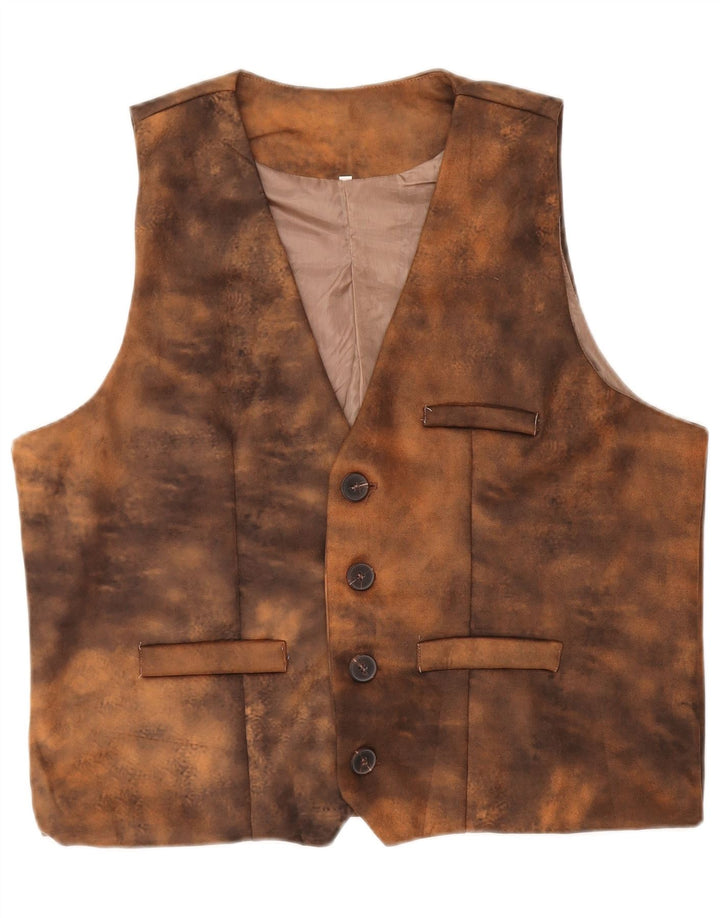 Vintage Mens Leather Waistcoat 2XL Brown Tie Dye