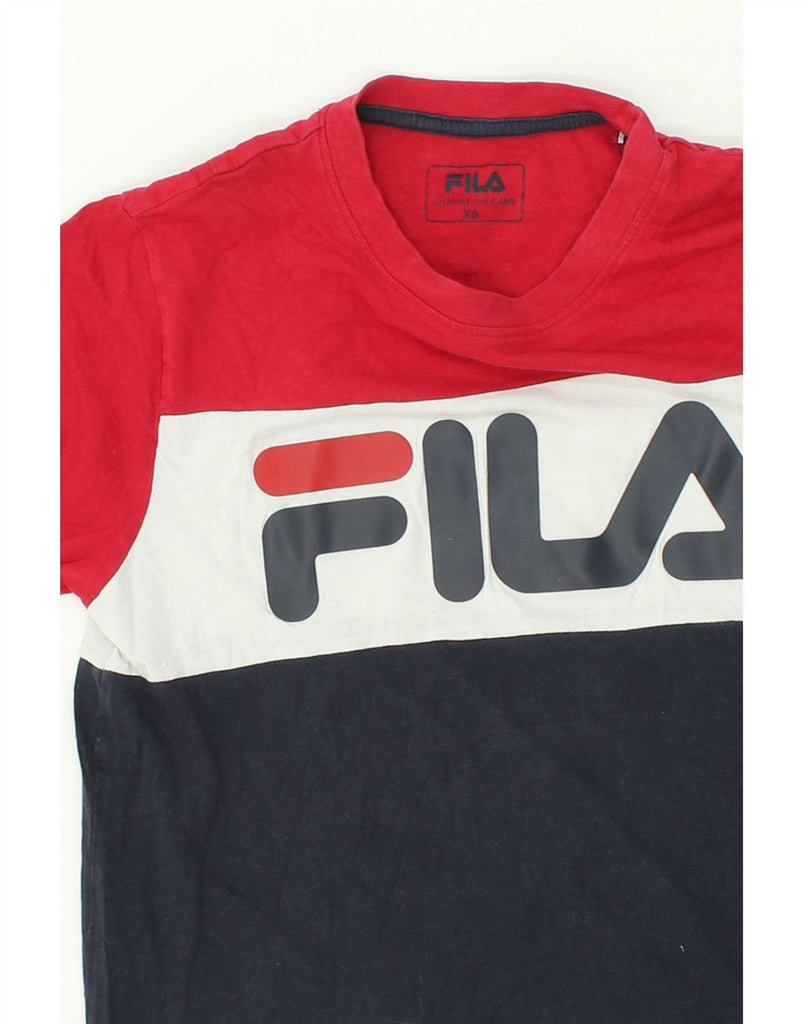 FILA Womens Graphic T-Shirt Top UK 6 XS Navy Blue Colourblock Cotton | Vintage Fila | Thrift | Second-Hand Fila | Used Clothing | Messina Hembry 