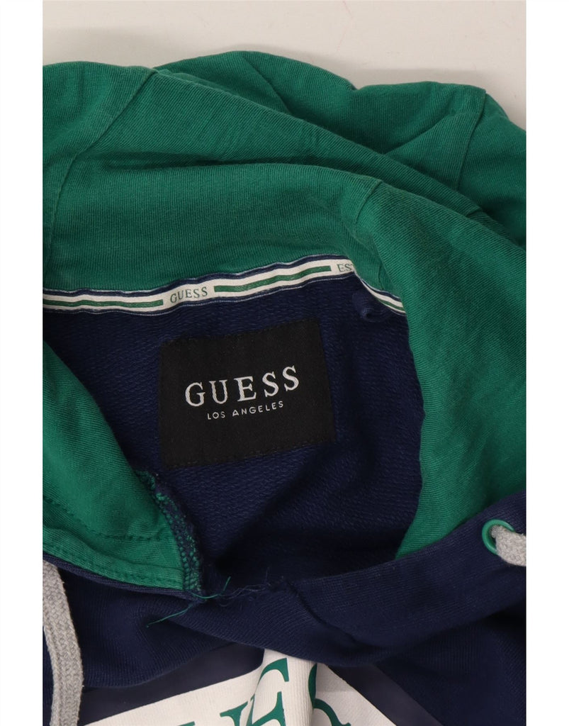 GUESS Mens Graphic Hoodie Jumper UK 40 Medium Navy Blue Cotton Vintage Guess and Second-Hand Guess from Messina Hembry 