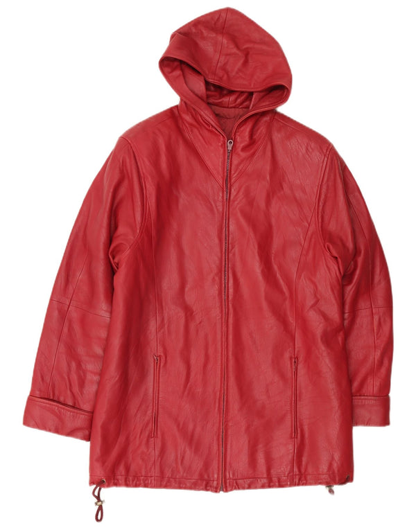 Vintage Womens Hooded Leather Coat UK 12 Medium Red