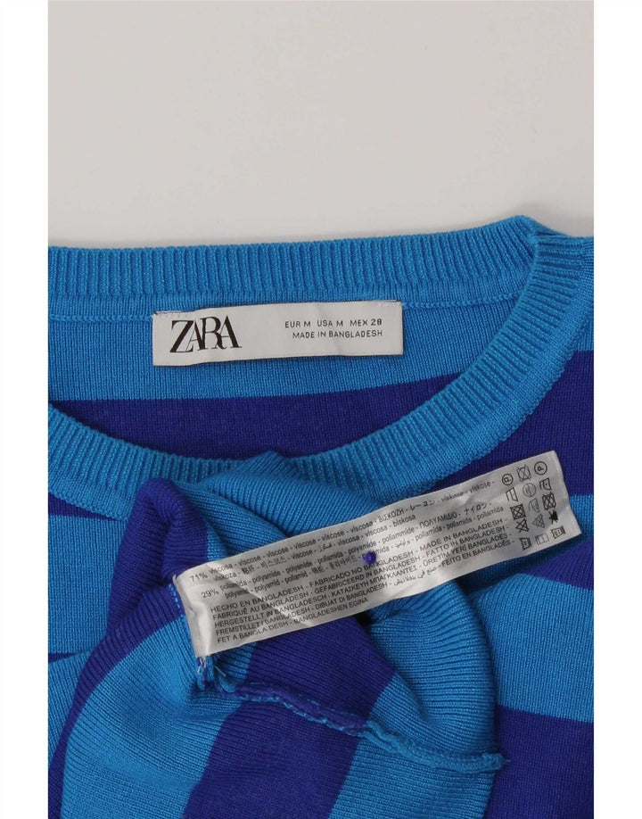 Zara Womens Crop Top Long Sleeve UK 10 Small Blue Striped Viscose