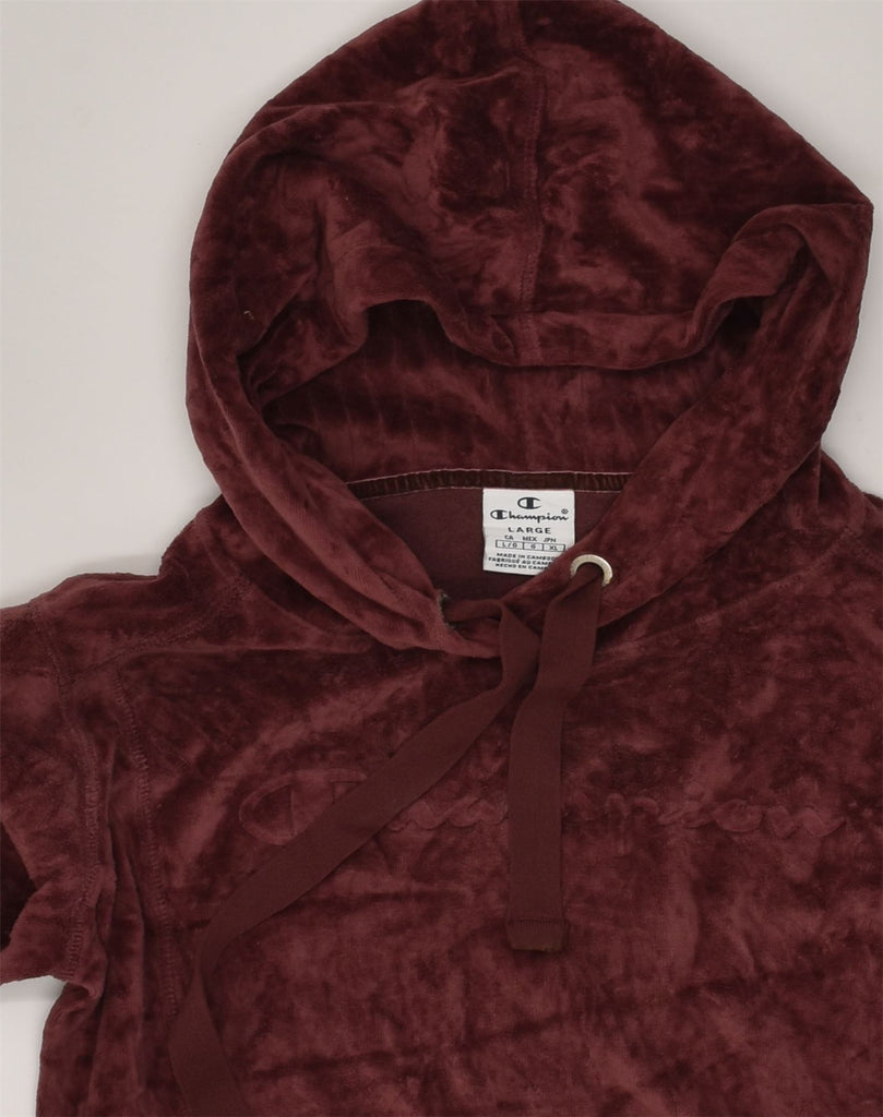 CHAMPION Womens Velour Hoodie Jumper UK 14 Large Burgundy Cotton | Vintage Champion | Thrift | Second-Hand Champion | Used Clothing | Messina Hembry 