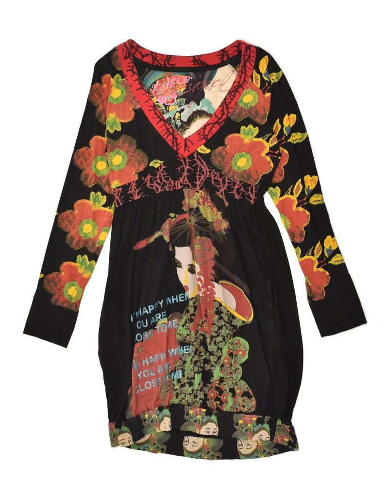 DESIGUAL Womens Graphic Long Sleeve Bodycon Dress UK 14 Large Black Floral | Vintage Desigual | Thrift | Second-Hand Desigual | Used Clothing | Messina Hembry 