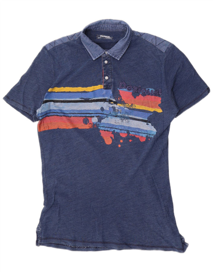 Desigual Mens Graphic Polo Shirt Large Blue Colourblock