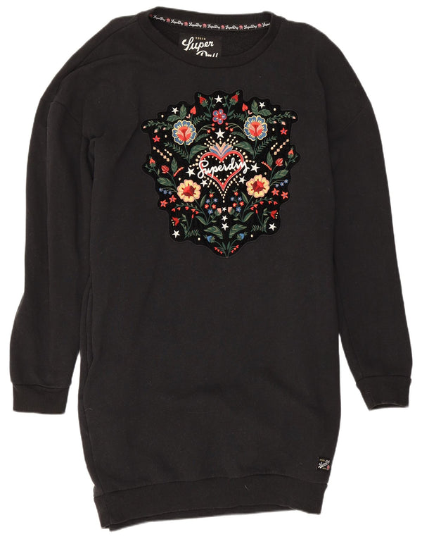 Superdry Womens Graphic Sweatshirt Jumper Dress UK 12 Medium Black Floral