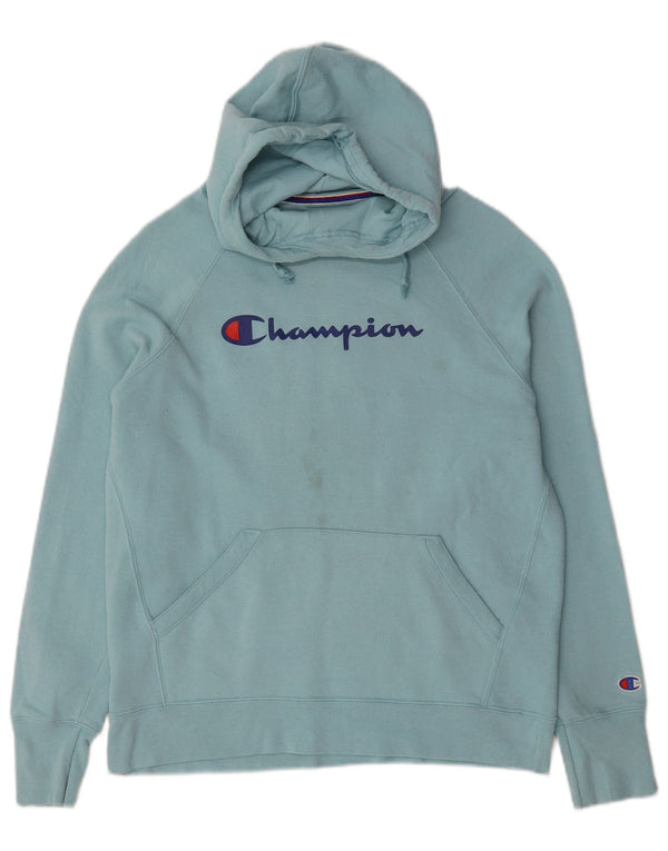 Champion Womens Graphic Hoodie Jumper UK 14 Medium Blue Cotton