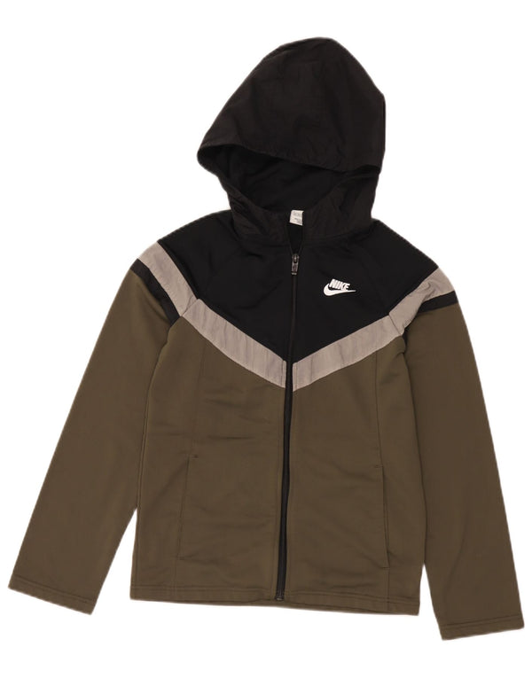 Nike Girls Zip Hoodie Sweater 12-13 Years Large Khaki Colourblock Polyester