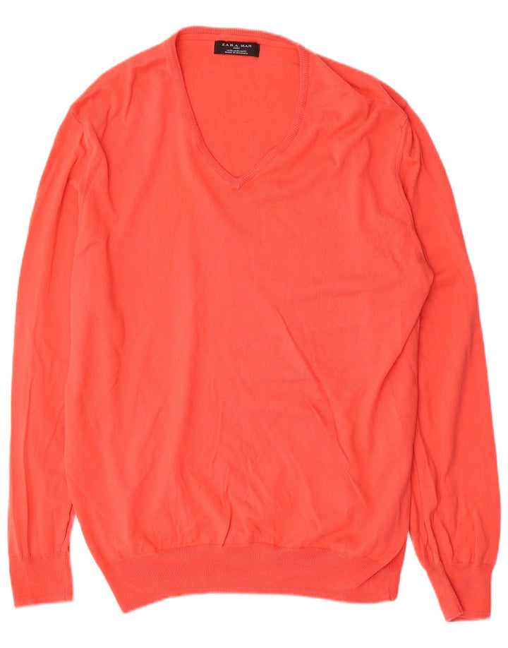 Zara Mens V-Neck Jumper Sweater XL Red Cotton
