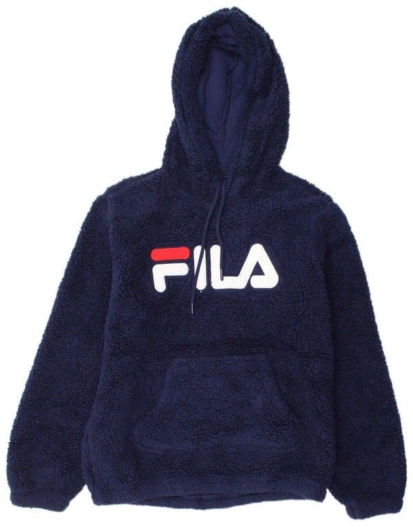 FILA Womens Graphic Fleece Hoodie Jumper UK 14 Medium Navy Blue Polyester