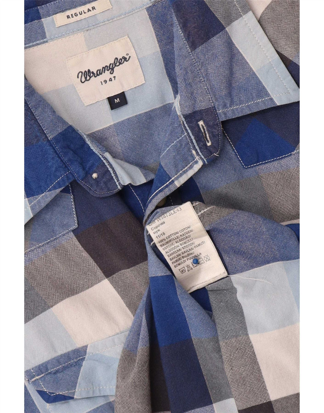Wrangler Mens Short Sleeve Regular Fit Shirt Medium Blue Check Cotton