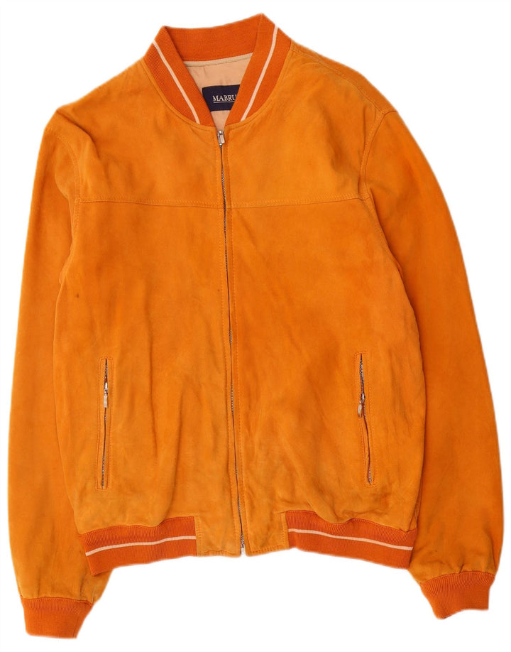 Mabrun Mens Suede Bomber Jacket IT 50 Large Orange Leather