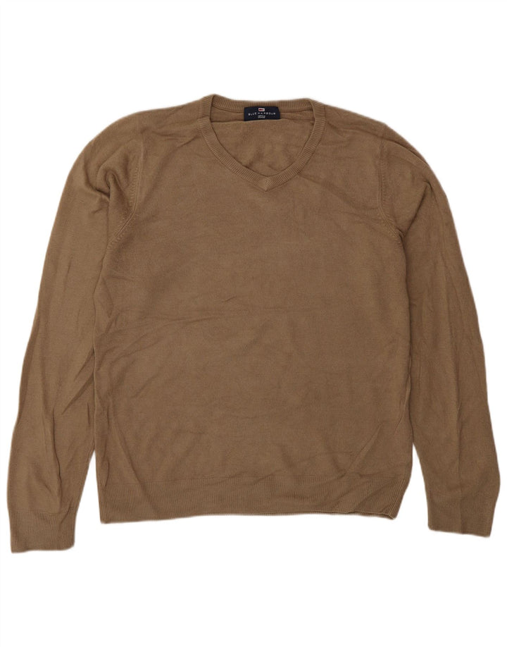 Marks & Spencer Mens Blue Harbour V-Neck Jumper Sweater Small Brown Acrylic