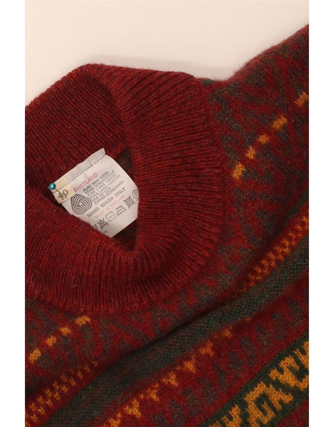 Vintage Mens Turtle Neck Jumper Sweater UK 40 Medium Red Geometric New Wool