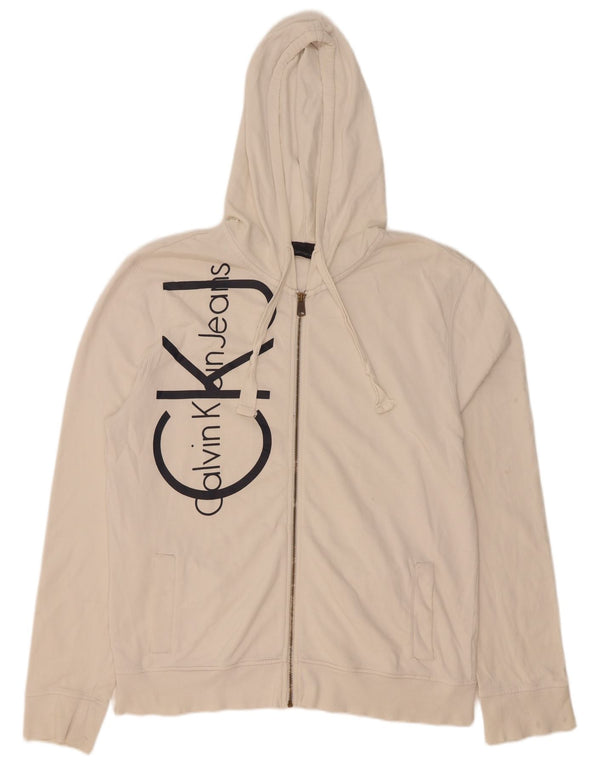 Calvin Klein Jeans Mens Graphic Zip Hoodie Sweater 2XL White Cotton