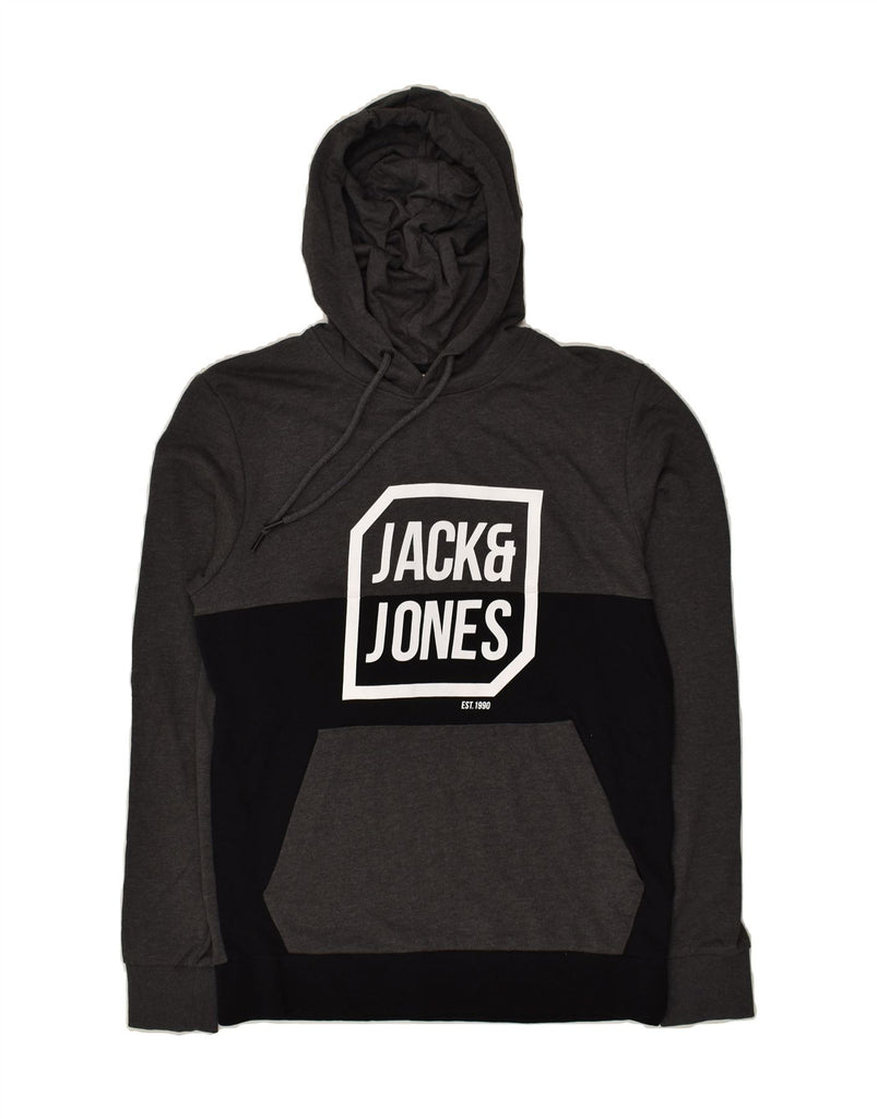 JACK & JONES Mens Graphic Hoodie Jumper Medium Grey Colourblock Cotton | Vintage Jack & Jones | Thrift | Second-Hand Jack & Jones | Used Clothing | Messina Hembry 